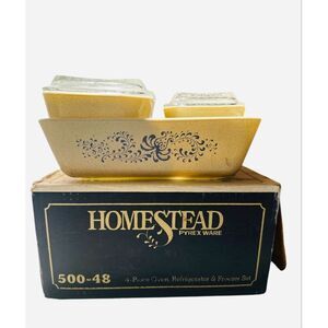 1960 Pyrex “HOMESTEAD" 500- 48 Refrigerator Dish Set 5 Ribbed Lids Box Including